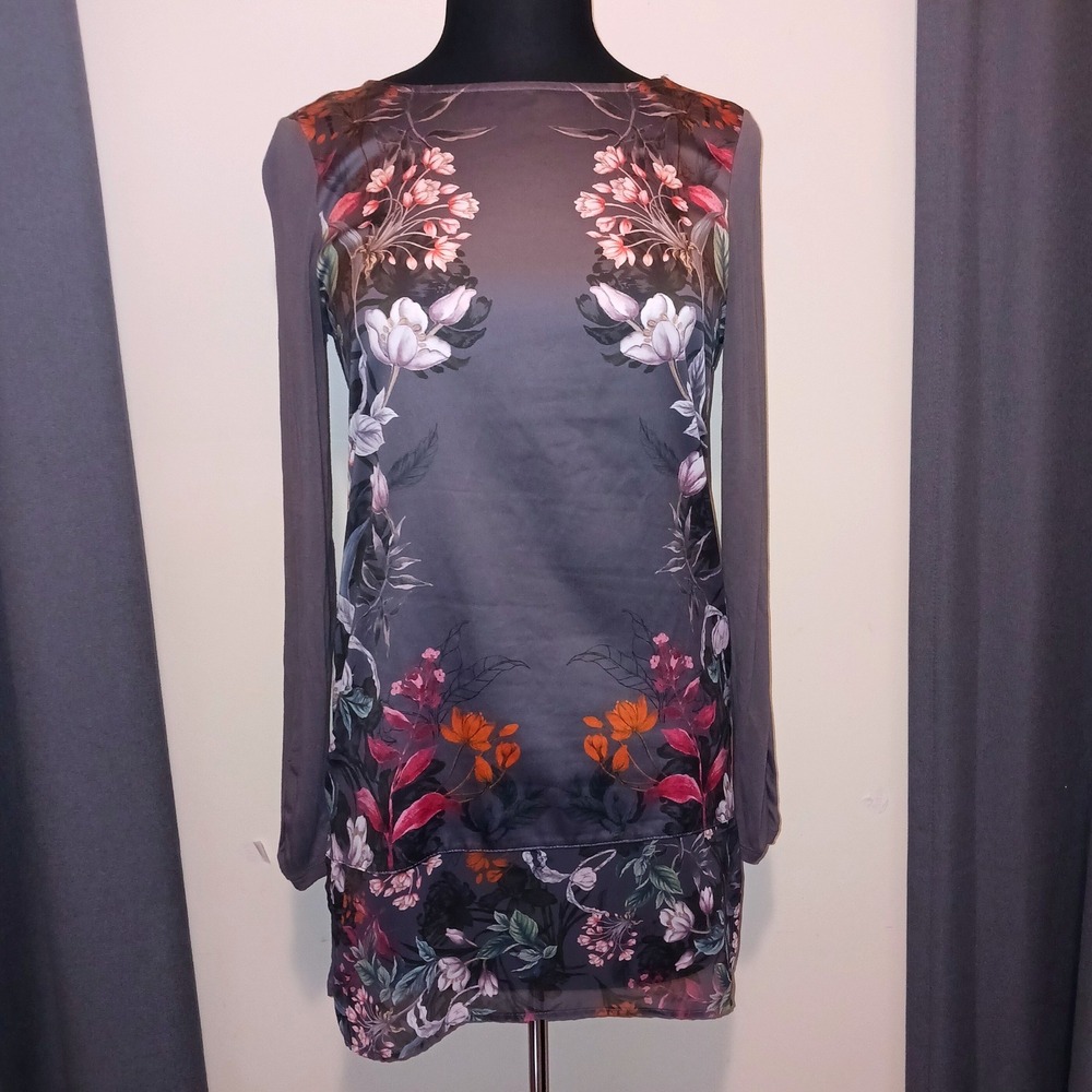Per Una M&S Floral Tunic Top Gray Long Sleeve Ruched Cuff UK 8 US 4